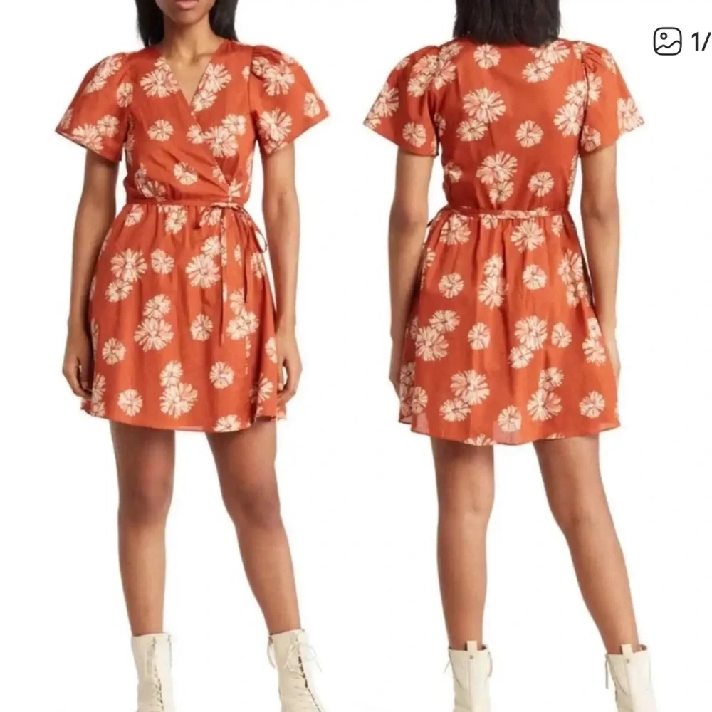 Madewell Floral Print Wrap Cotton V-Neck Mini Dress Rusty Torch dark orange S - Picture 2 of 16